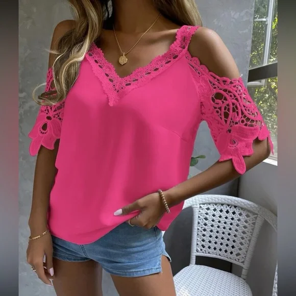 New!! Boho hot pink lace cold shoulder top - Picture 5 of 7